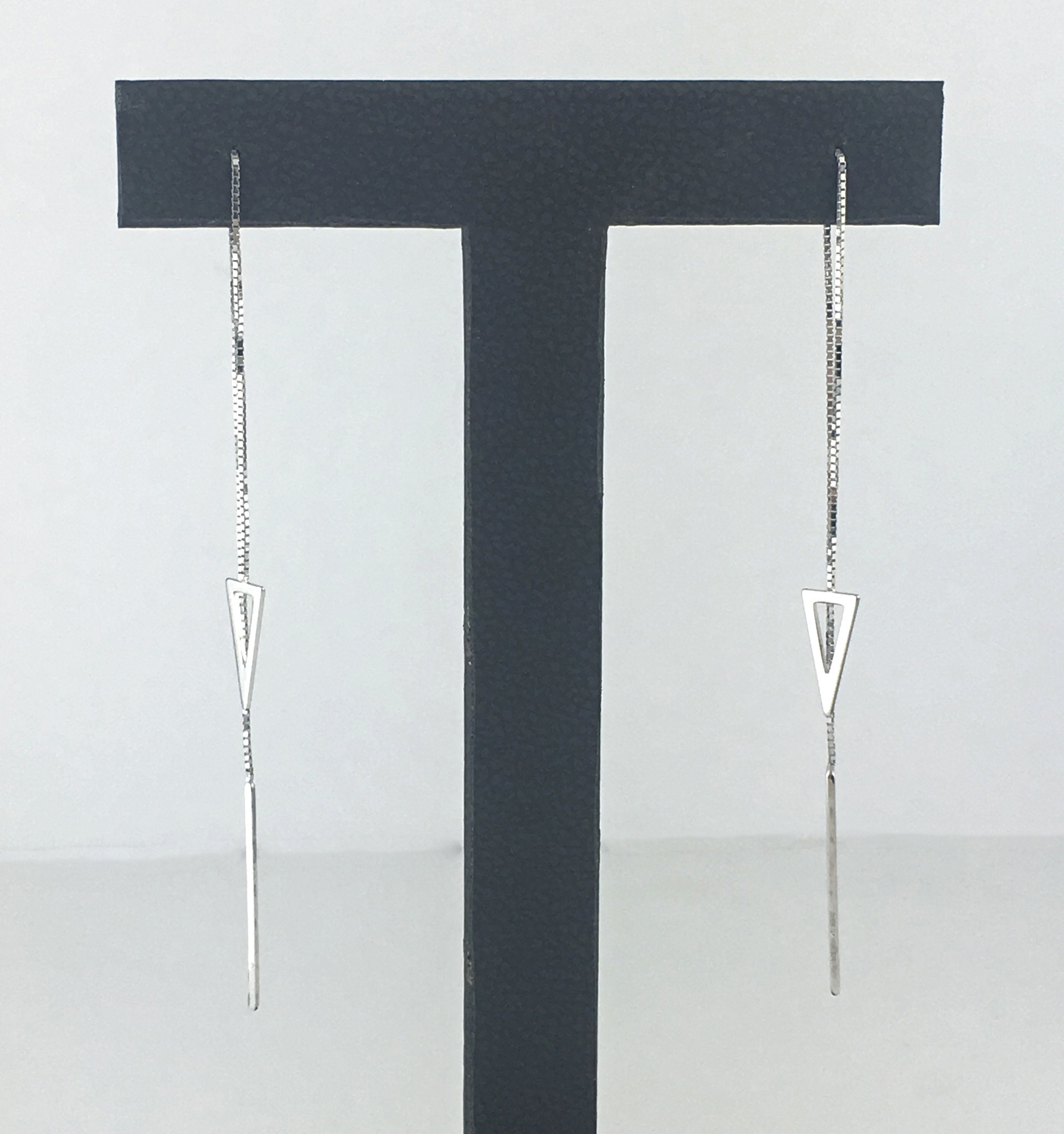 14k White Gold Pyramid Box Chain Threader Earrings - American