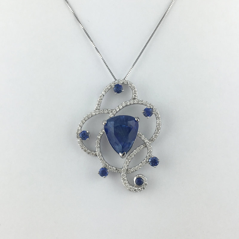 14k White Gold 0.67ct (7.68ct Trillion Center) Sapphire & 0.80ctw Diamond Swirl Pendant Necklace