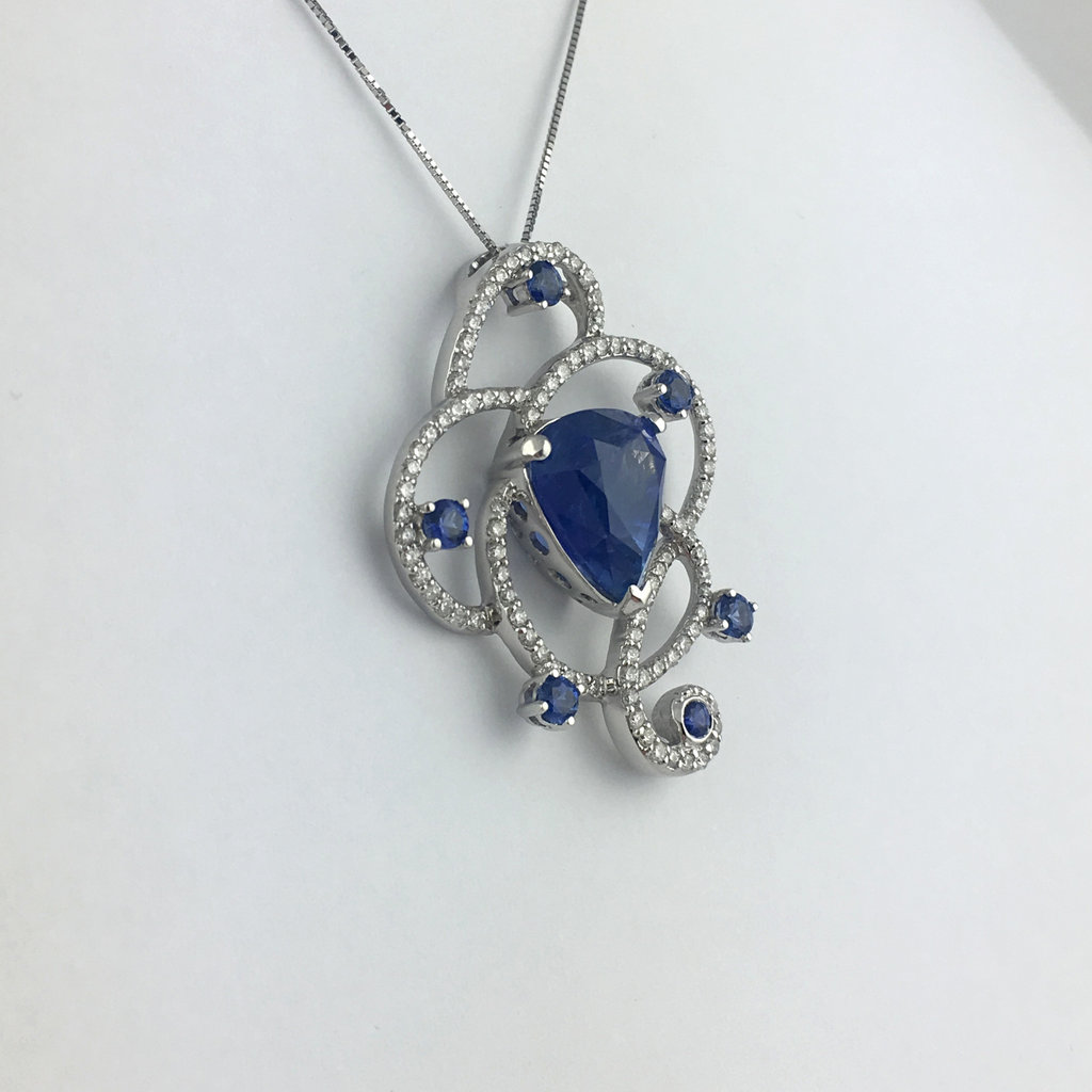 14k White Gold 0.67ct (7.68ct Trillion Center) Sapphire & 0.80ctw Diamond Swirl Pendant Necklace