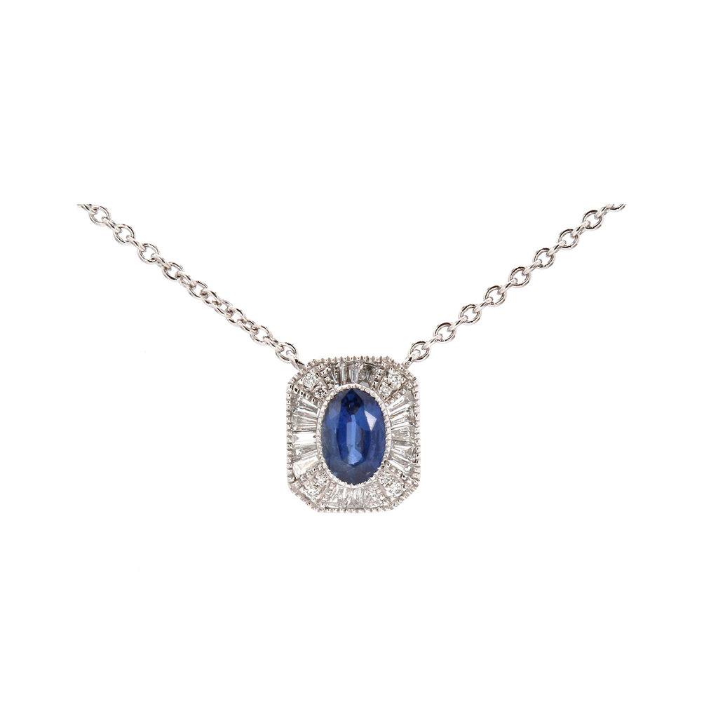 American Jewelry 14k White Gold Oval Blue Sapphire & 1/4ctw Round & Baguette Diamond Necklace