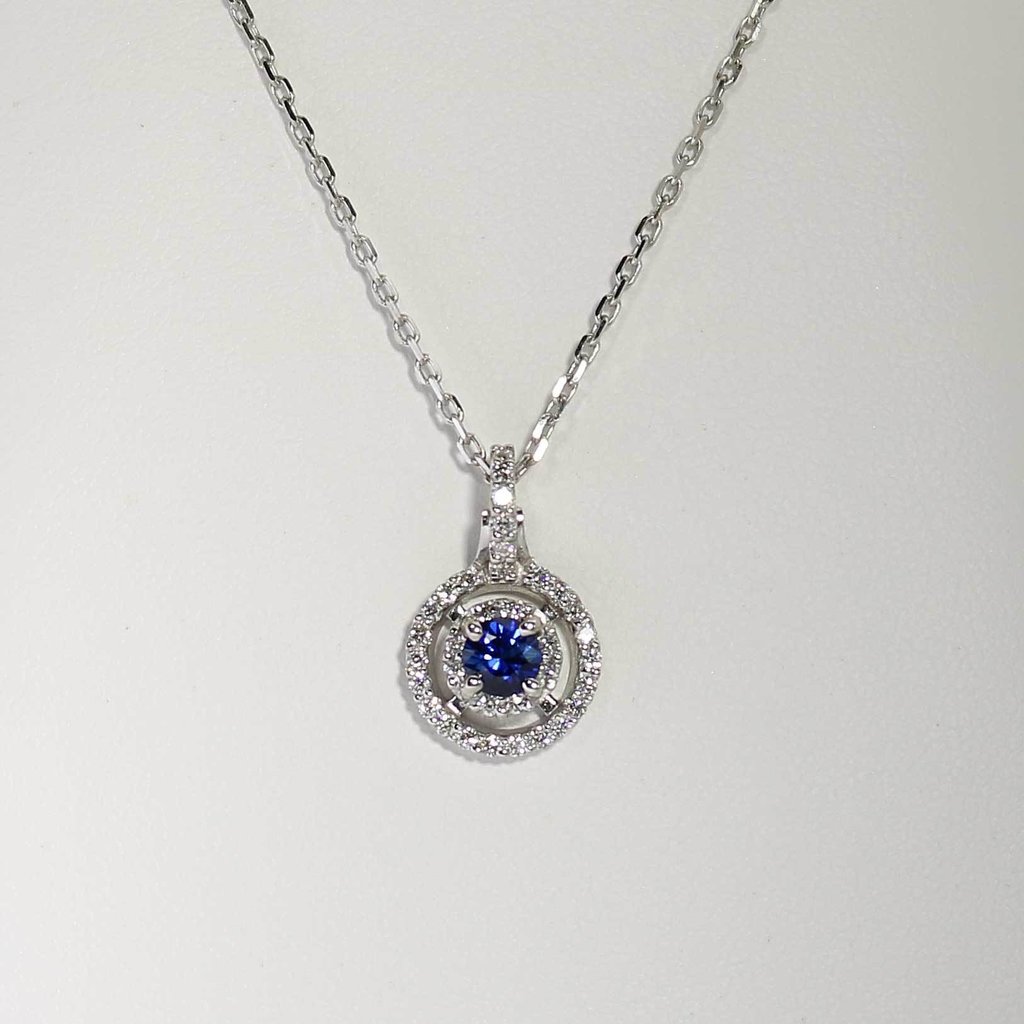 American Jewelry 14k White Gold .39ct Round Blue Sapphire & .26ctw Diamond Double Halo Pendant