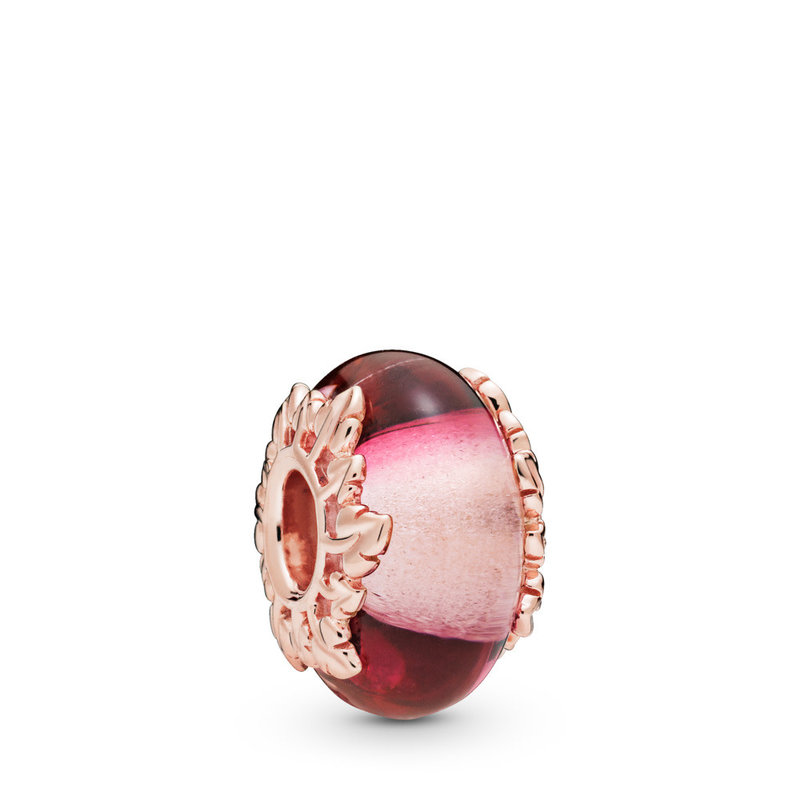 Pandora PANDORA Rose Charm, Pink Murano Glass & Leaves