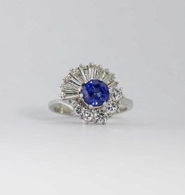 American Jewelry 14k White Gold 1ct Round Blue Sapphire & 1ctw Diamond Halo Ladies Ring (Size 4.5)