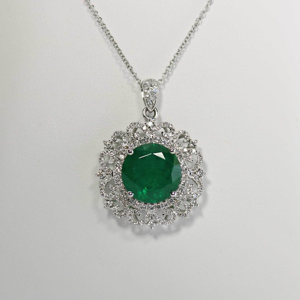 American Jewelry 14k White Gold 5.62ct Round Emerald & .59ctw Diamond Halo Pendant