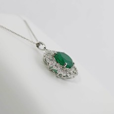 American Jewelry 14k White Gold 5.62ct Round Emerald & .59ct Diamond Milgrain Halo Necklace