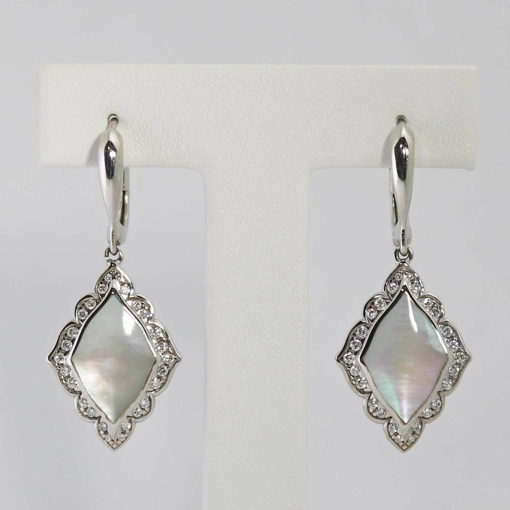 14K White Gold Kabana Dangle Earrings with White Mother of Pearl & .30ctw Diamonds