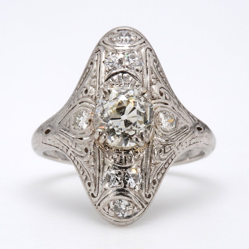 American Jewelry 18k White Gold 1.02ct Center with .28ctw Diamonds Antique Filigree Engagement Ring (Size 4.25)