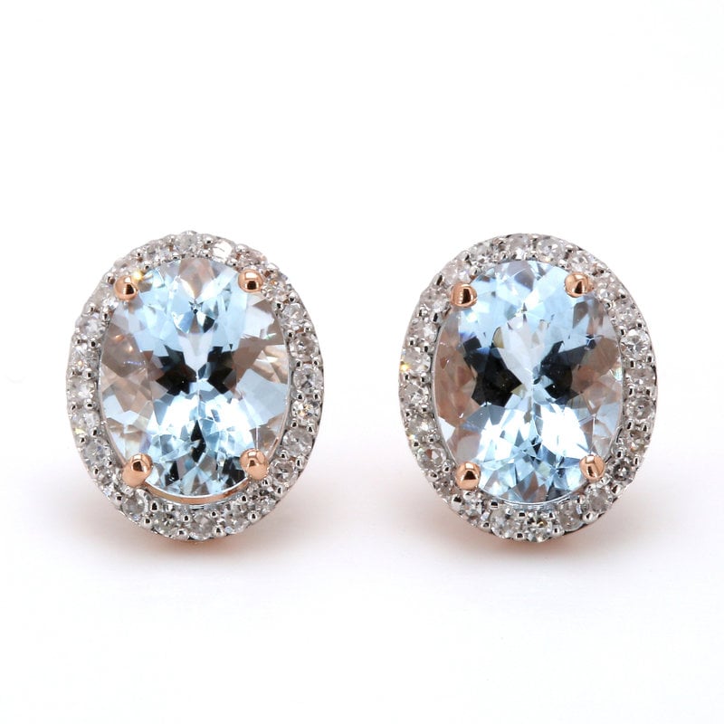 American Jewelry 14k Rose Gold 3.3ctw Aquamarine & .32ctw Diamond Oval Halo Earrings