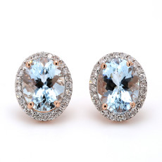 American Jewelry 14k Rose Gold 3.3ctw Aquamarine & .32ctw Diamond Oval Halo Earrings