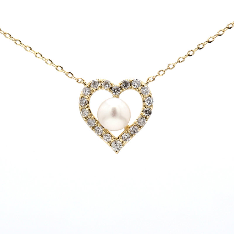 American Jewelry 14k Yellow Gold 5mm Pearl & .22ctw Diamond Heart Necklace