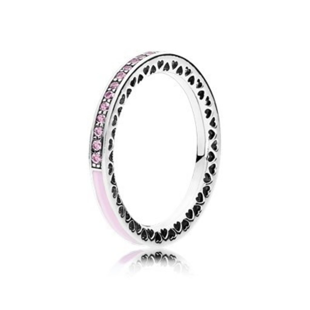 Pandora Retired - PANDORA Ring, Radiant Hearts of PANDORA, Light Pink Enamel & Pink CZ - Size 52