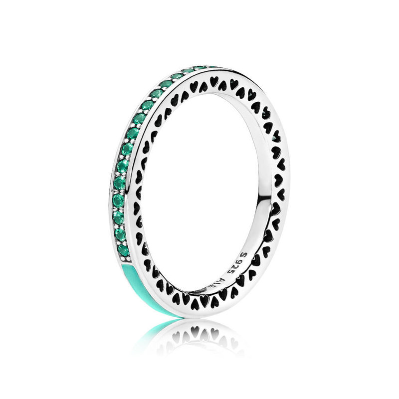 Pandora Retired - PANDORA Ring, Radiant Hearts of PANDORA, Bright Mint Enamel & Green Crystals - Size 56