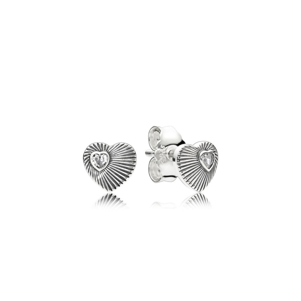 Retired PANDORA Stud Earrings Vintage Heart Fans Clear CZ