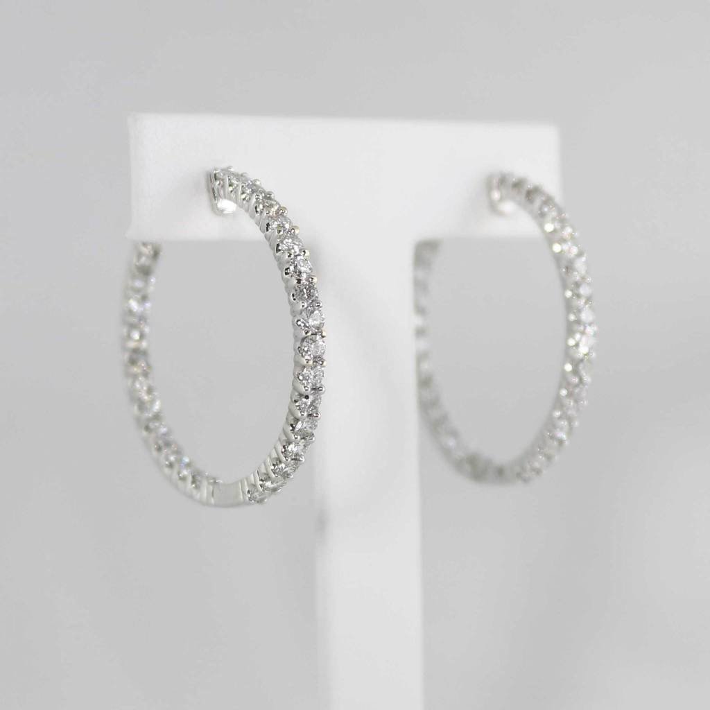 14K White Gold Inside Outside Hoop Earrings with 3ctw Diamonds, Screw Backs