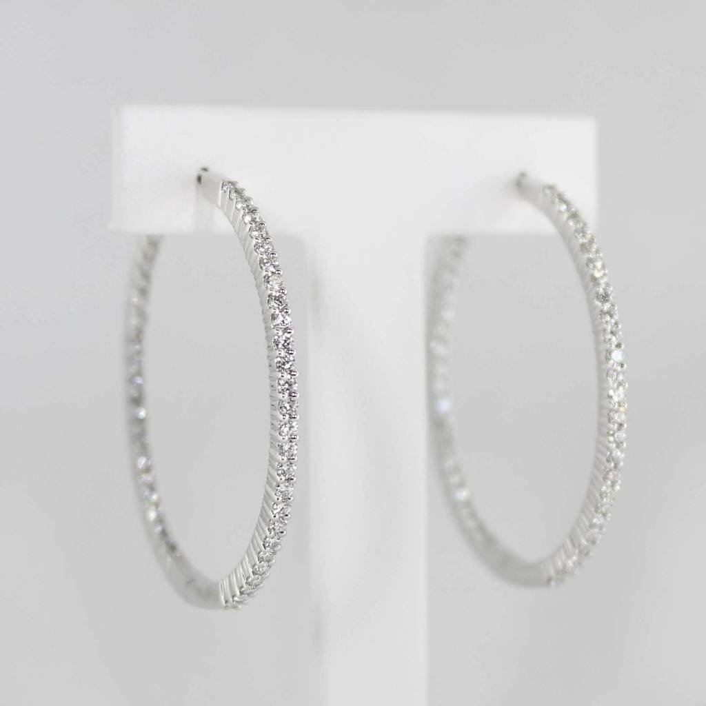 American Jewelry 18K White Gold Inside Outside Hoop Earrings with 2.74ctw Round Brilliant Diamonds