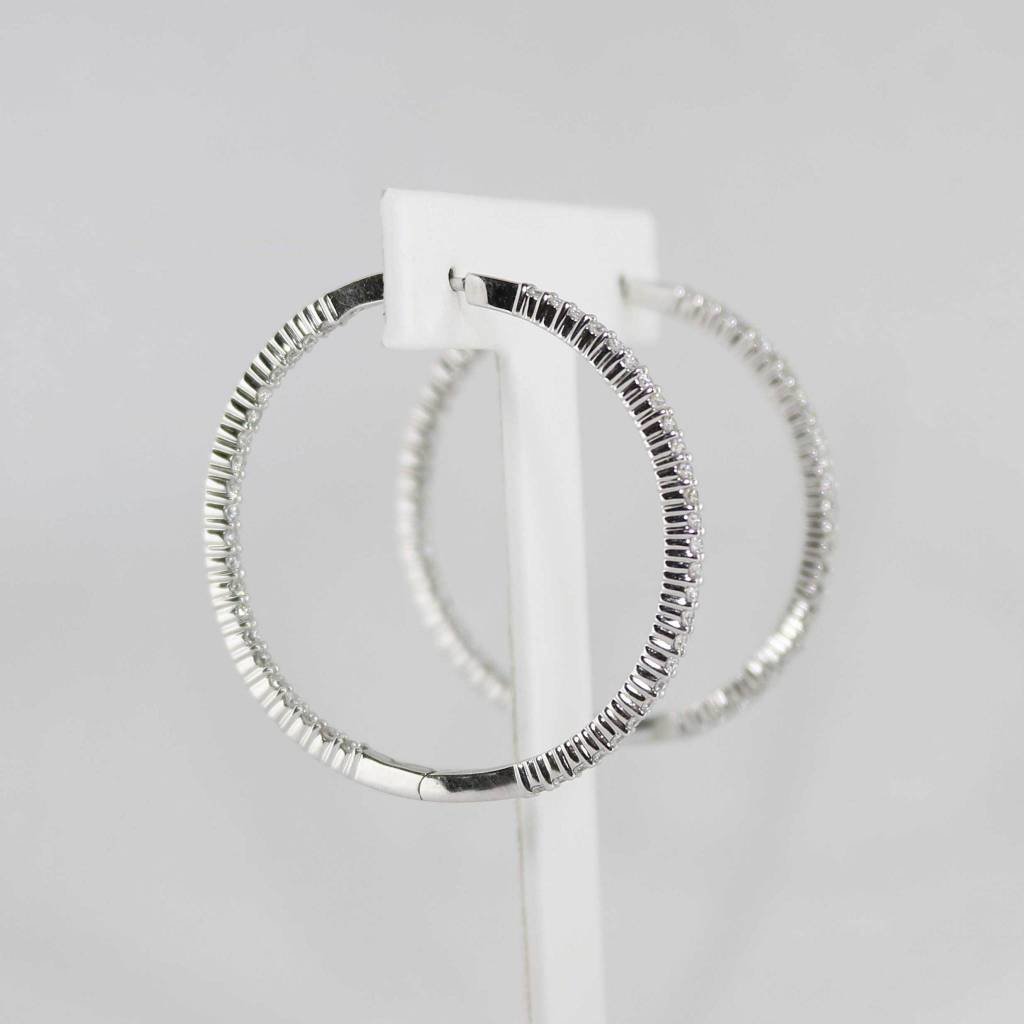 American Jewelry 18K White Gold Inside Outside Hoop Earrings with 2.74ctw Round Brilliant Diamonds