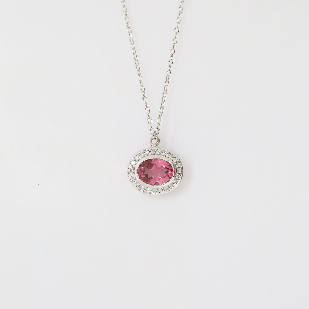 American Jewelry 14K White Gold 1ct Oval Pink Tourmaline & .10ctw Diamond Halo Necklace (14-18" Adjustable)