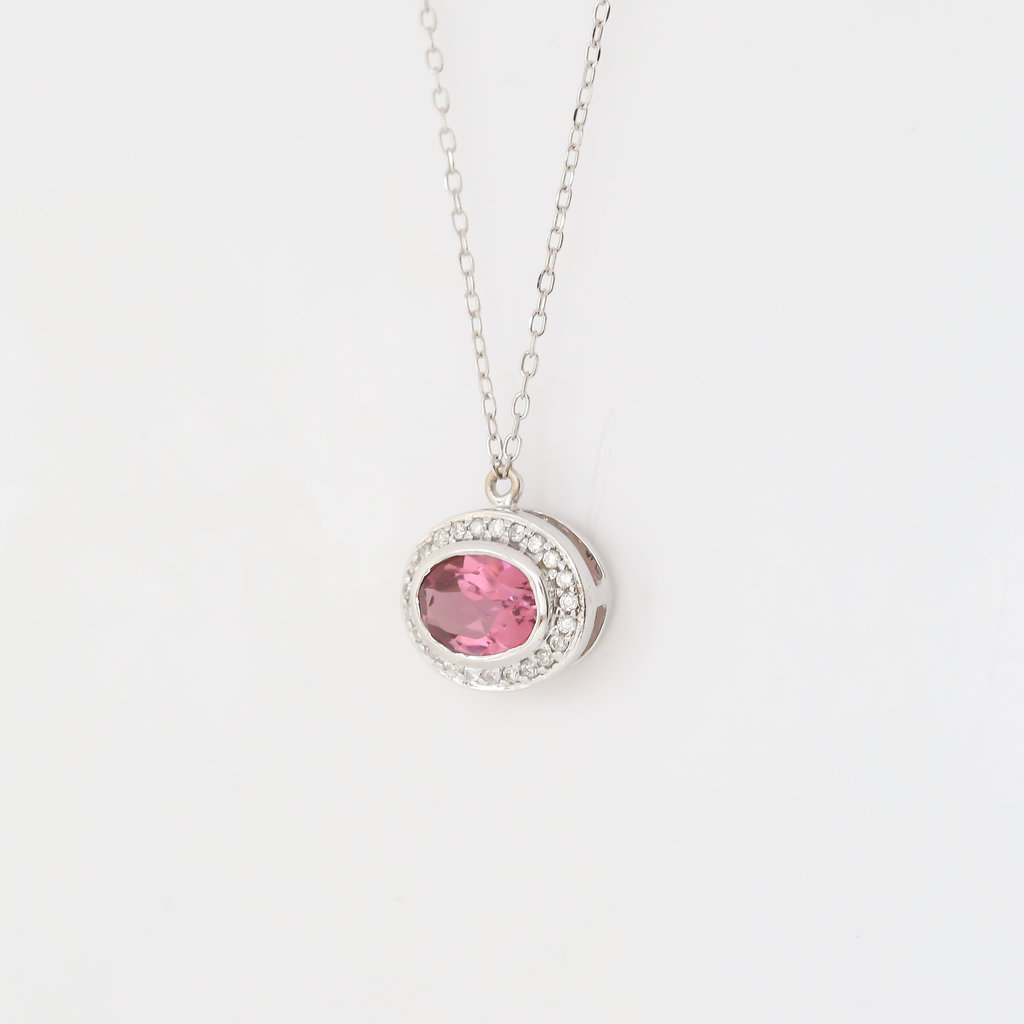 American Jewelry 14K White Gold 1ct Oval Pink Tourmaline & .10ctw Diamond Halo Necklace (14-18" Adjustable)