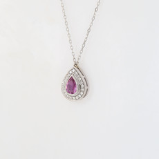 American Jewelry 14K White Gold 1/2ct Pear Pink Tourmaline & .10ctw Diamond Halo Necklace (14-18" Adjustable)