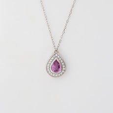 American Jewelry 14K White Gold 1/2ct Pear Pink Tourmaline & .10ctw Diamond Halo Necklace (14-18" Adjustable)