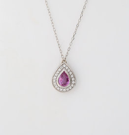 American Jewelry 14K White Gold 1/2ct Pear Pink Tourmaline & .10ctw Diamond Halo Necklace (14-18" Adjustable)