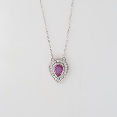 American Jewelry 14K White Gold Stationed 1/2ct Pear Pink Tourmaline & .10ctw Diamond Halo Necklace (14-18" Adjustable)