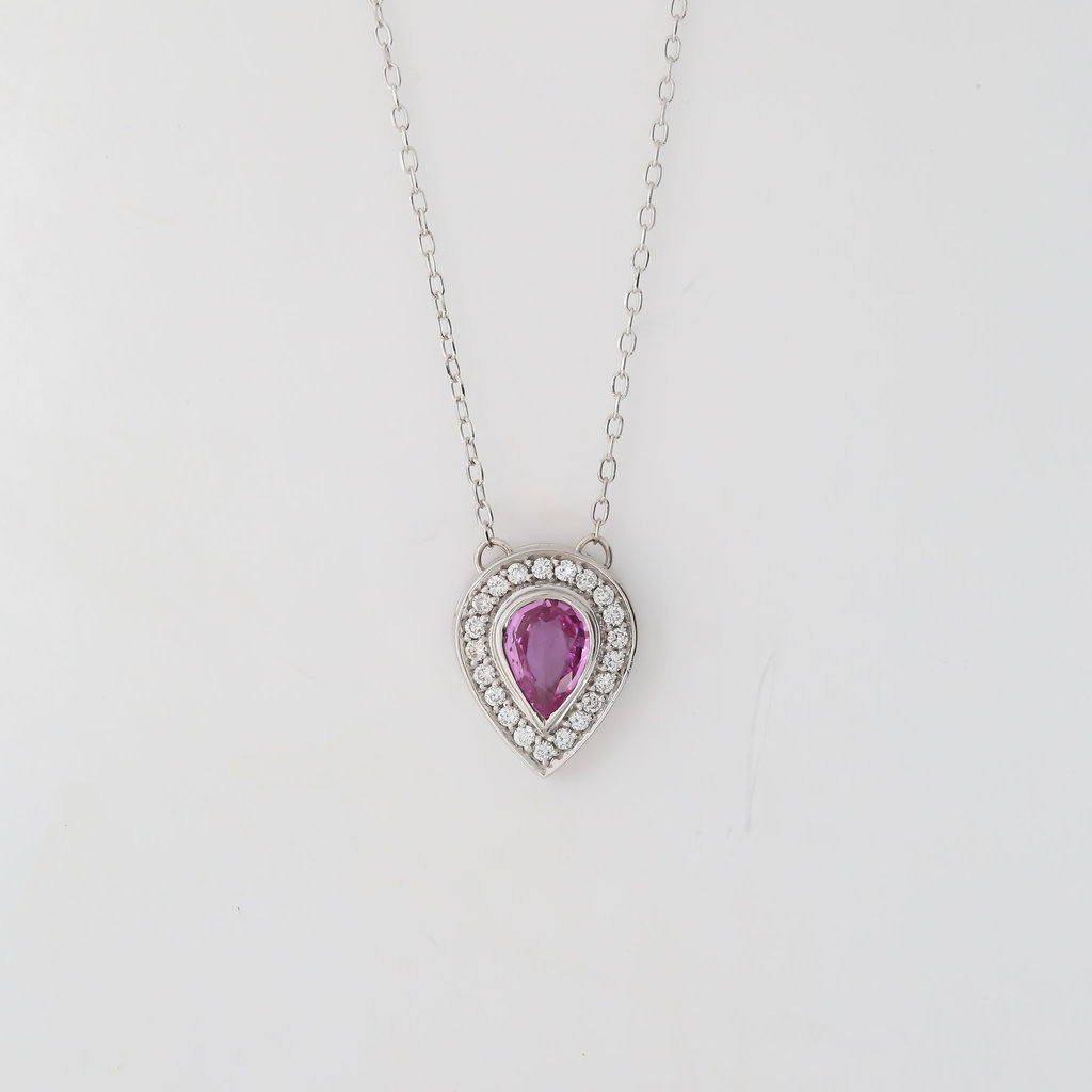 American Jewelry 14K White Gold Stationed 1/2ct Pear Pink Tourmaline & .10ctw Diamond Halo Necklace (14-18" Adjustable)
