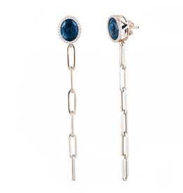 American Jewelry 14K Yellow Gold 5.15ct Blue Topaz & .25ctw Diamond Halo Chain Link Drop Earrings