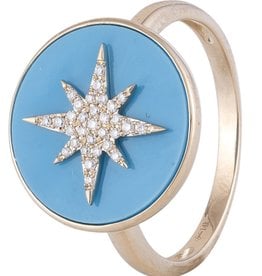 American Jewelry 14K Yellow Gold Turquoise & Diamond Starburst Ring (Size 7)