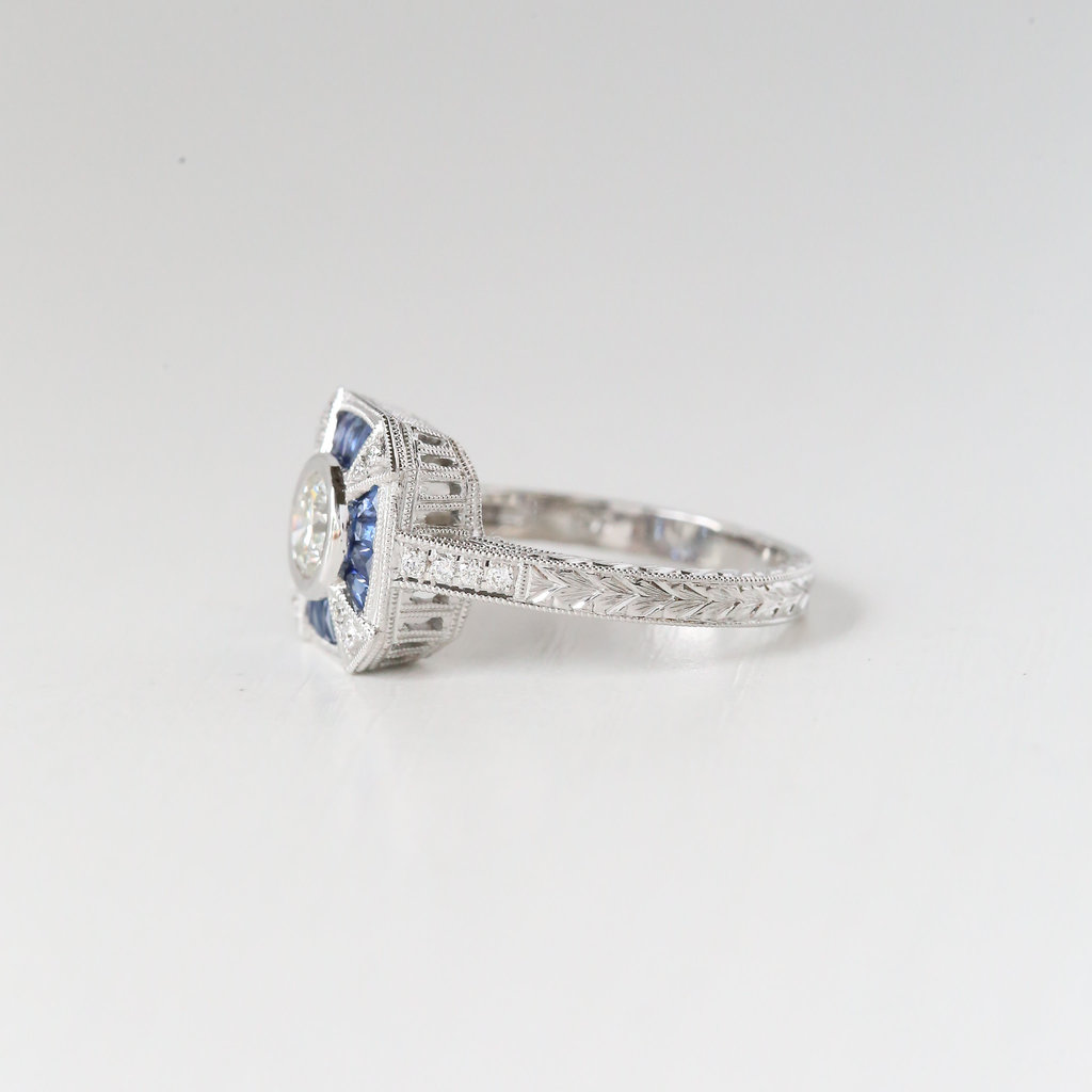 American Jewelry 14K White Gold .56ctw Diamond (.48ct G/SI2 Center) & .52ctw Sapphire Vintage Ring ( Size 7)