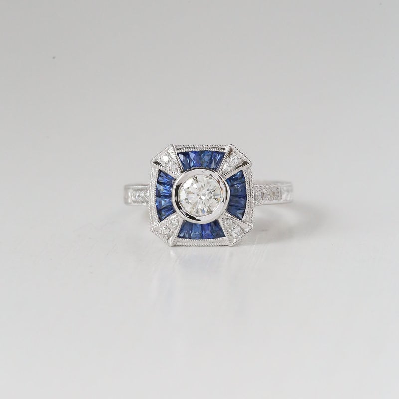 American Jewelry 14K White Gold .56ctw Diamond (.48ct G/SI2 Center) & .52ctw Sapphire Vintage Ring ( Size 7)