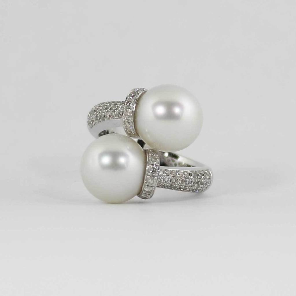 American Jewelry 14K White Gold Ladies Bypass Ring with 2 Southsea Pearls & .69ctw Round Brilliant Diamonds