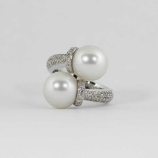 American Jewelry 14K White Gold Ladies Bypass Ring with 2 Southsea Pearls & .69ctw Round Brilliant Diamonds