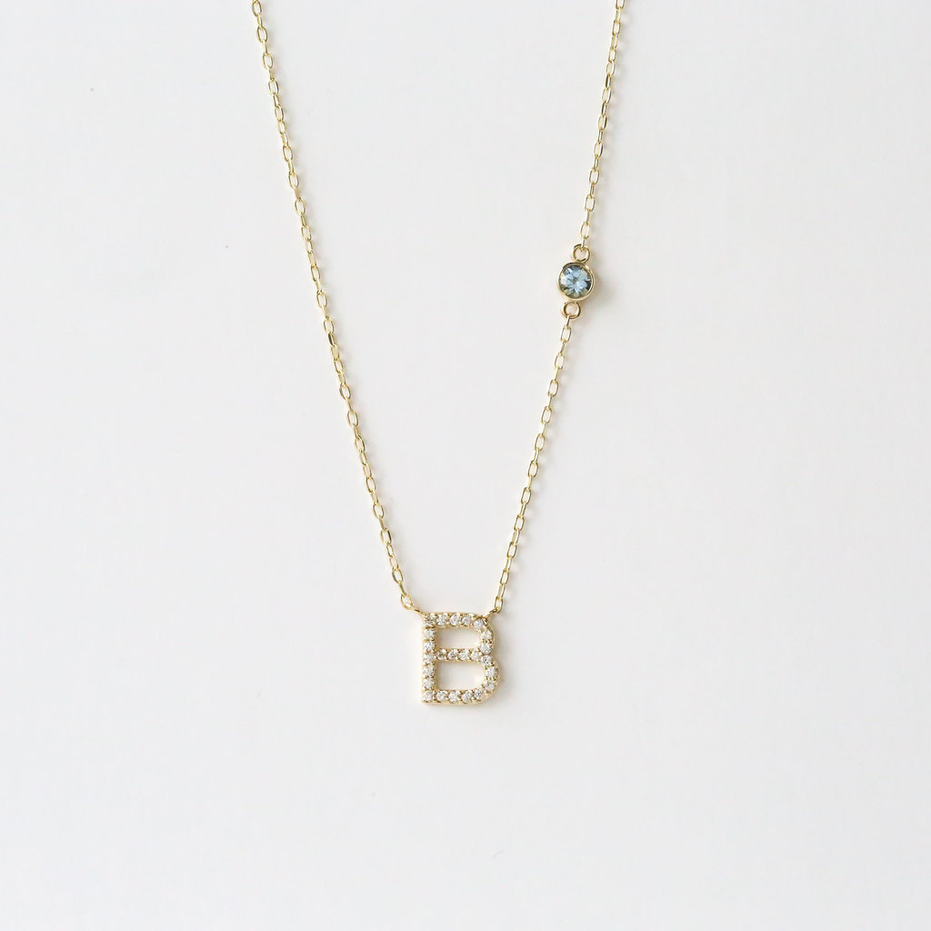 American Jewelry Diamond Initial and Off-Set Gemstone Station Necklace