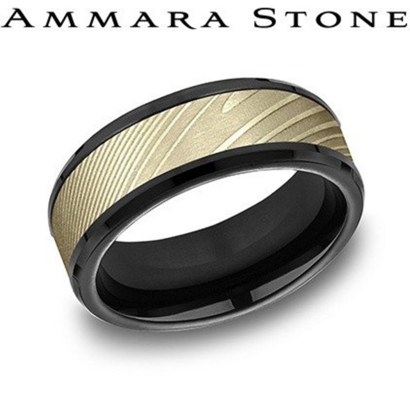 American Jewelry 14k Yellow Gold & Black Titanium 8mm Ammara Stone Wedding Band (Size 10)