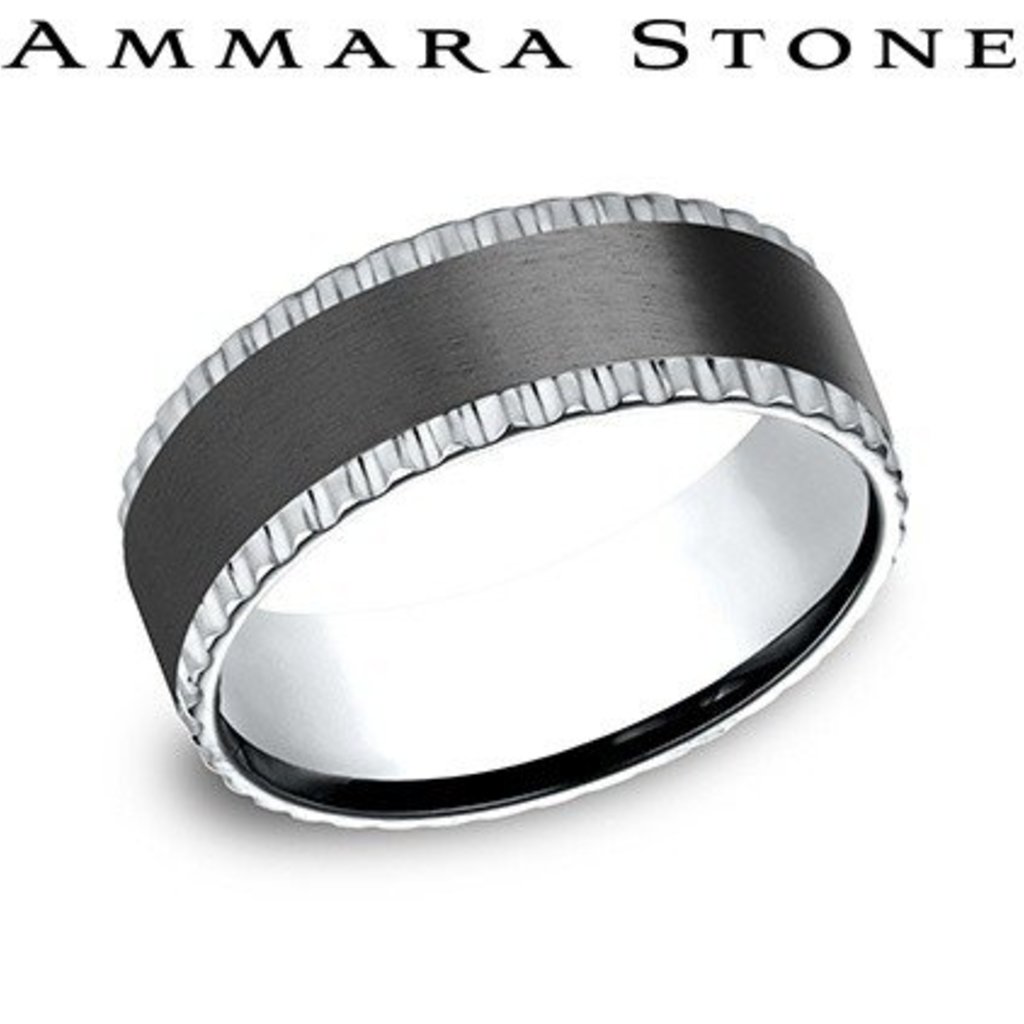 American Jewelry 14K White Gold & Black Titanium 8mm Ammara Stone Wedding Band, Size 10