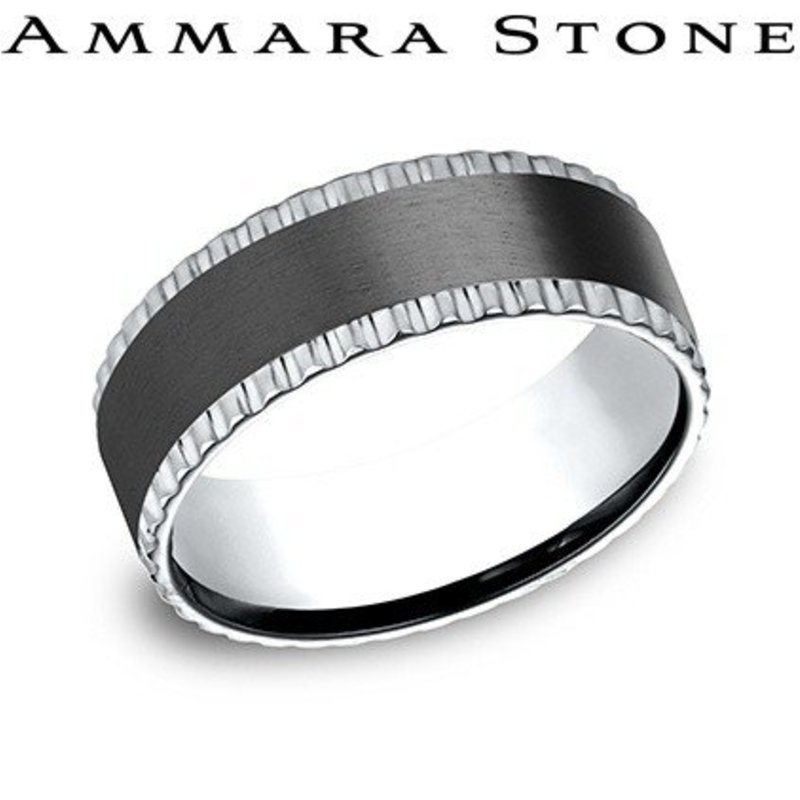 American Jewelry 14k White Gold & Black Titanium 8mm Ammara Stone Wedding Band (Size 10)