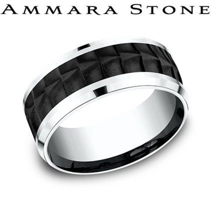 American Jewelry 14k White Gold & Black Titanium 9mm Ammara Stone Wedding Band (Size 10)