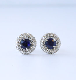 American Jewelry 18K White Gold 1.53ctw Sapphire & 1.28ctw Diamond Pave Halo Stud Earrings