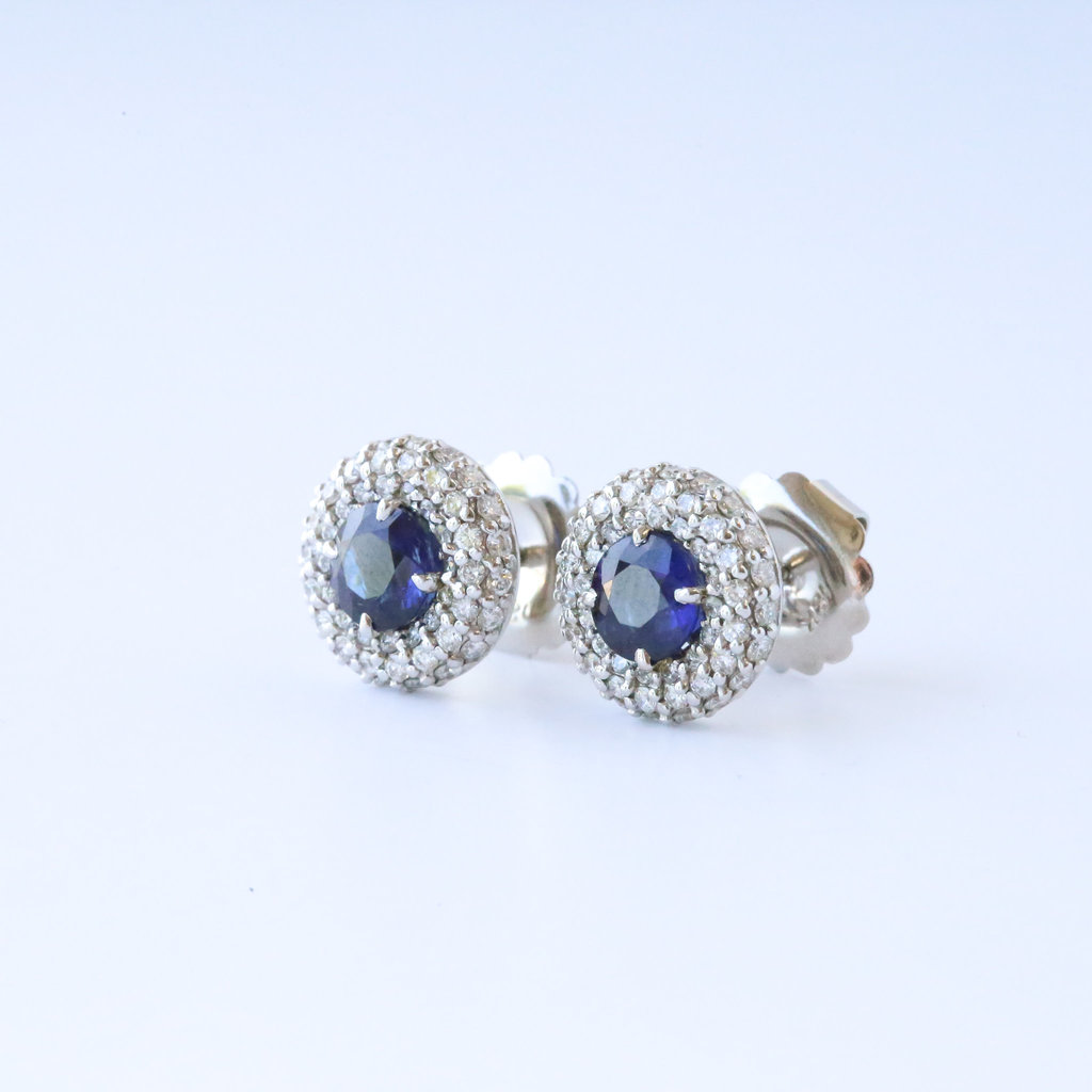 American Jewelry 18K White Gold 1.53ctw Sapphire & 1.28ctw Diamond Pave Halo Stud Earrings
