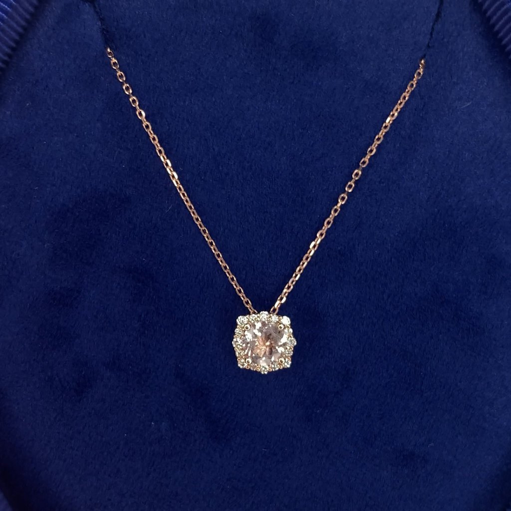 American Jewelry 14k Rose Gold Morganite & .10ctw Diamond Halo Pendant