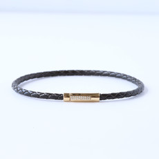 American Jewelry 14K Yellow Gold .05ctw Diamond Accented Black Leather Bracelet (8")