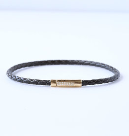 American Jewelry 14K Yellow Gold .05ctw Diamond Accented Black Leather Bracelet (8")