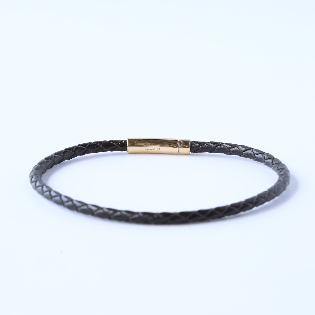 American Jewelry 14K Yellow Gold .05ctw Diamond Accented Black Leather Bracelet (8")