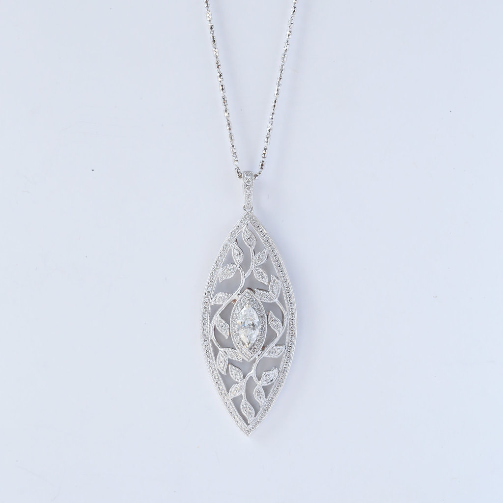 American Jewelry 14K White Gold 1.23ctw (.58ct Center) Diamond Vintage Inspired Leaf Pendant