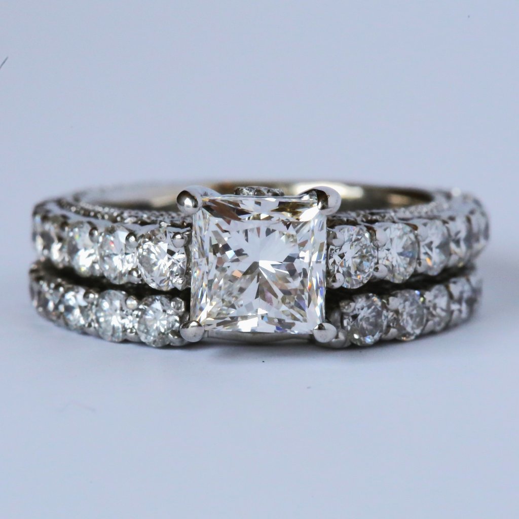 American Jewelry ESTATE 18k Whi3.37ctw (1.51ctr) GIA G/VS1 Princess & Round Brilliant Solitaire Engagement Ring Wedding Band Set (Size 5)