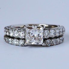American Jewelry ESTATE 18k Whi3.37ctw (1.51ctr) GIA G/VS1 Princess & Round Brilliant Solitaire Engagement Ring Wedding Band Set (Size 5)