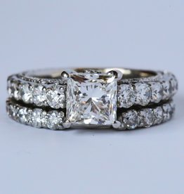 American Jewelry ESTATE 18k Whi3.37ctw (1.51ctr) GIA G/VS1 Princess & Round Brilliant Solitaire Engagement Ring Wedding Band Set (Size 5)