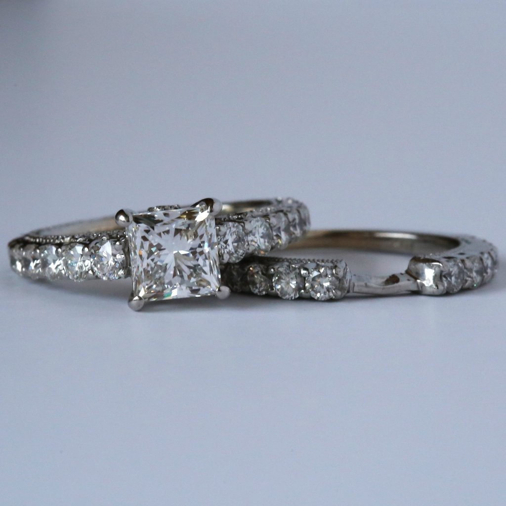 American Jewelry ESTATE 18k White Gold .37ctw (1.51ctr) GIA G/VS1 Princess & Round Brilliant Solitaire Engagement Ring Wedding Band Set (Size 5)