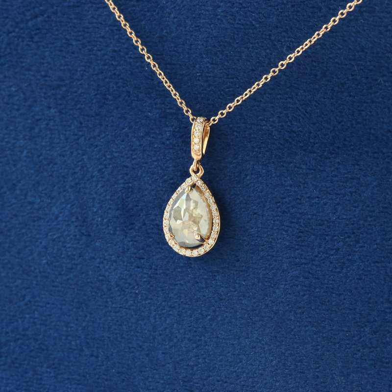 American Jewelry 14k Rose Gold 1.64ct Pear Salt & Pepper Diamond with .15ctw Diamond Halo Necklace